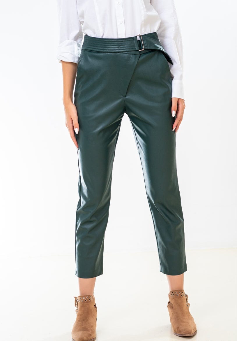 Pantaloni casual din ecopiele cu buzunare