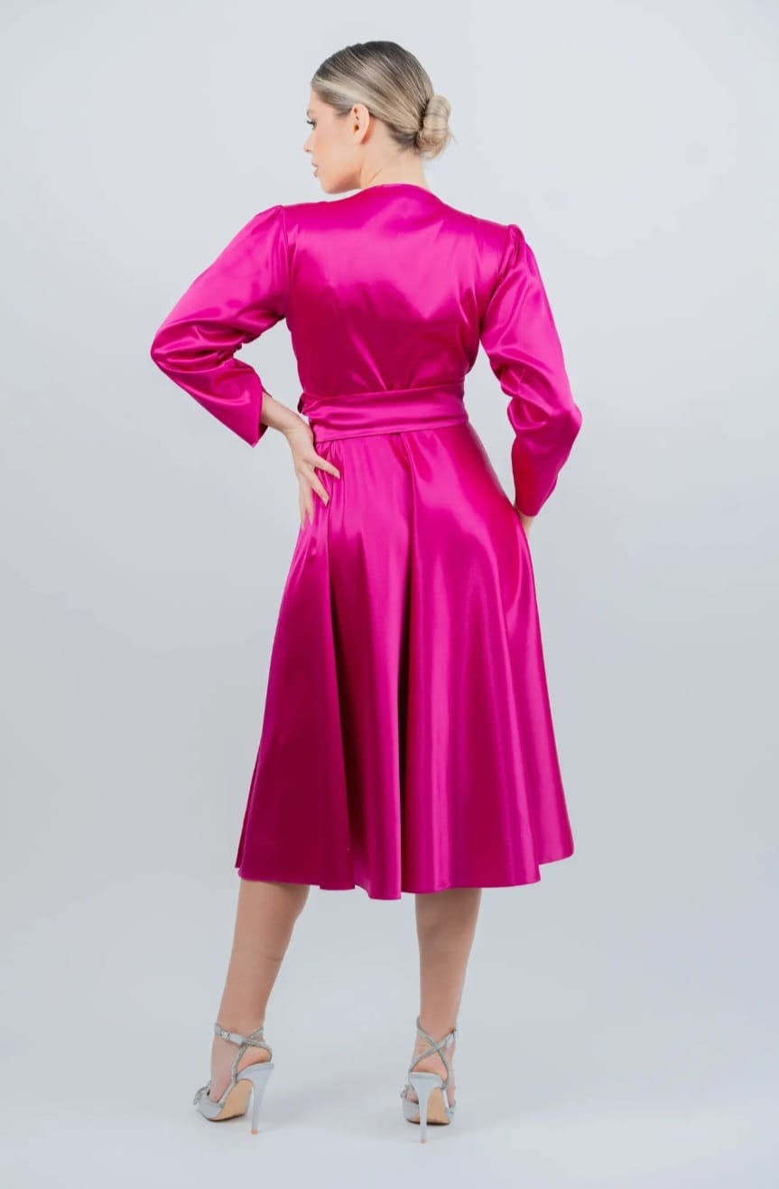 Rochie midi din satin fuchsia