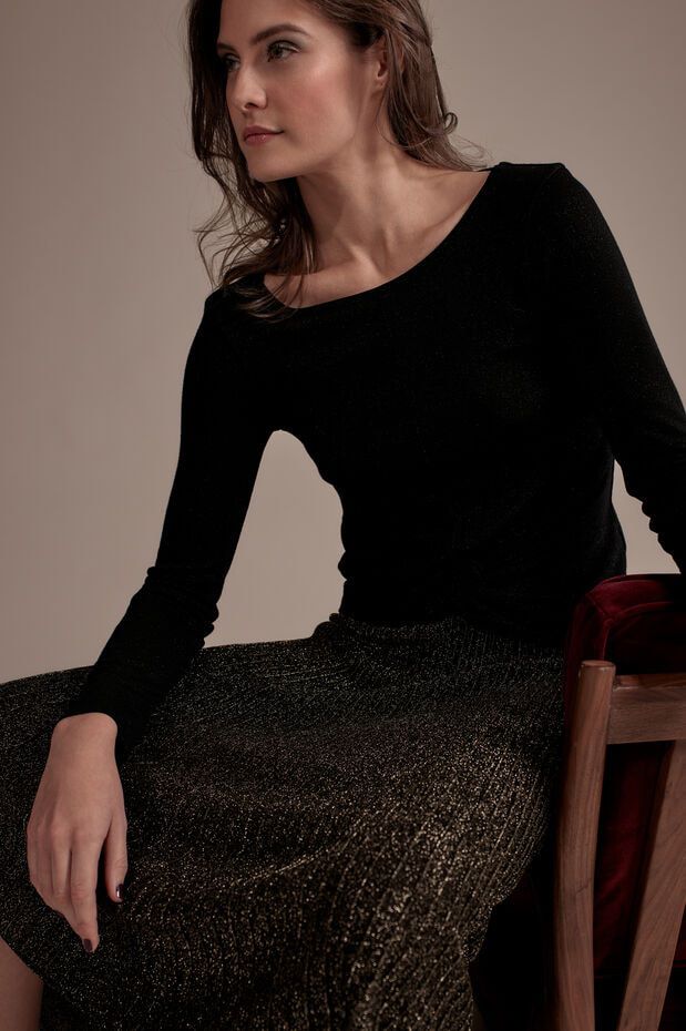 Fusta midi tricotata cu lurex auriu