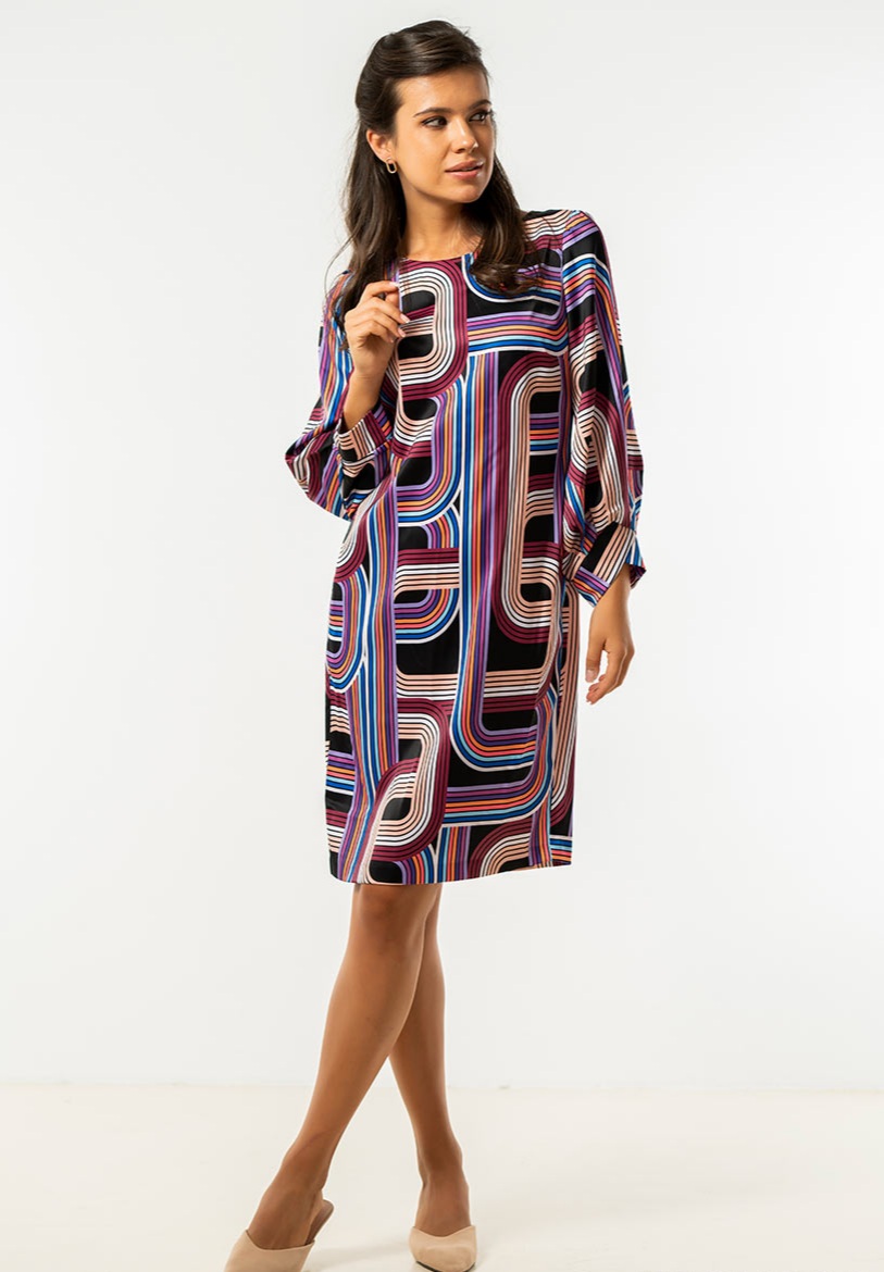 Rochie multicolora din satin dens imprimat