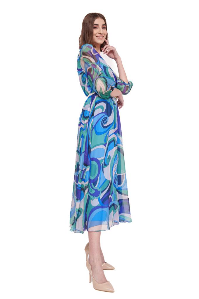 Rochie eleganta in clos din voal imprimat