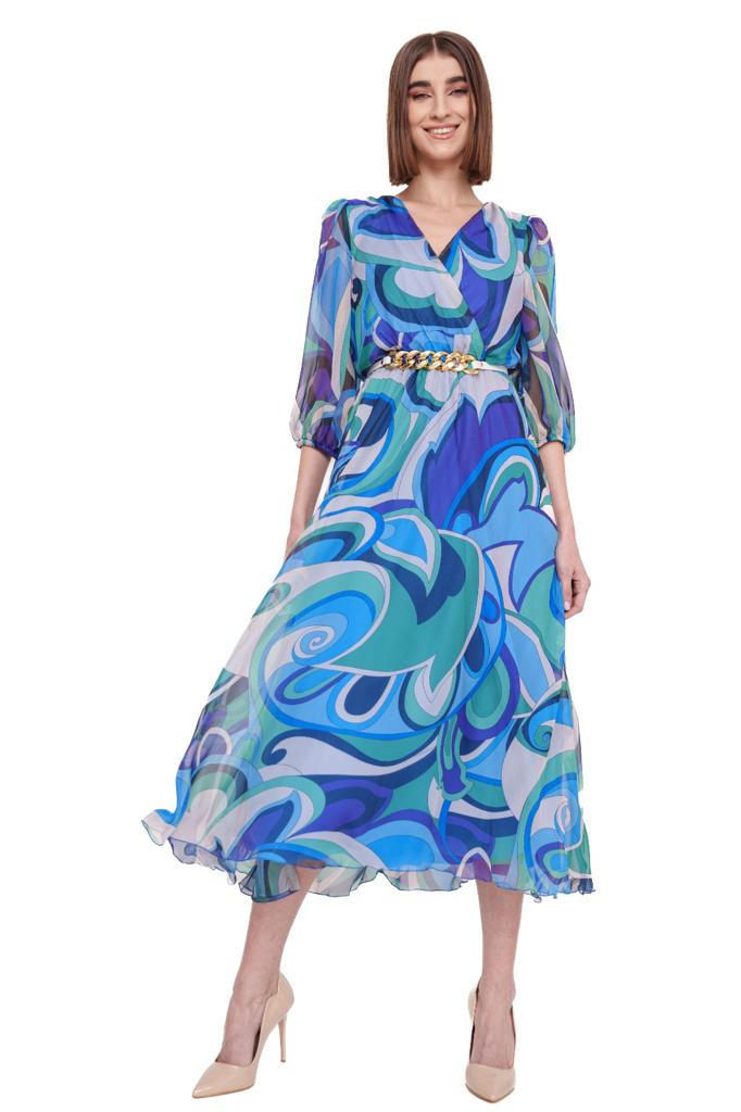 Rochie eleganta in clos din voal imprimat